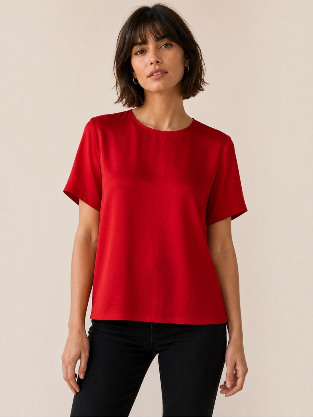 Red 100% Silk Blouse Peter Nygård Original Short Sleeve Classic Top